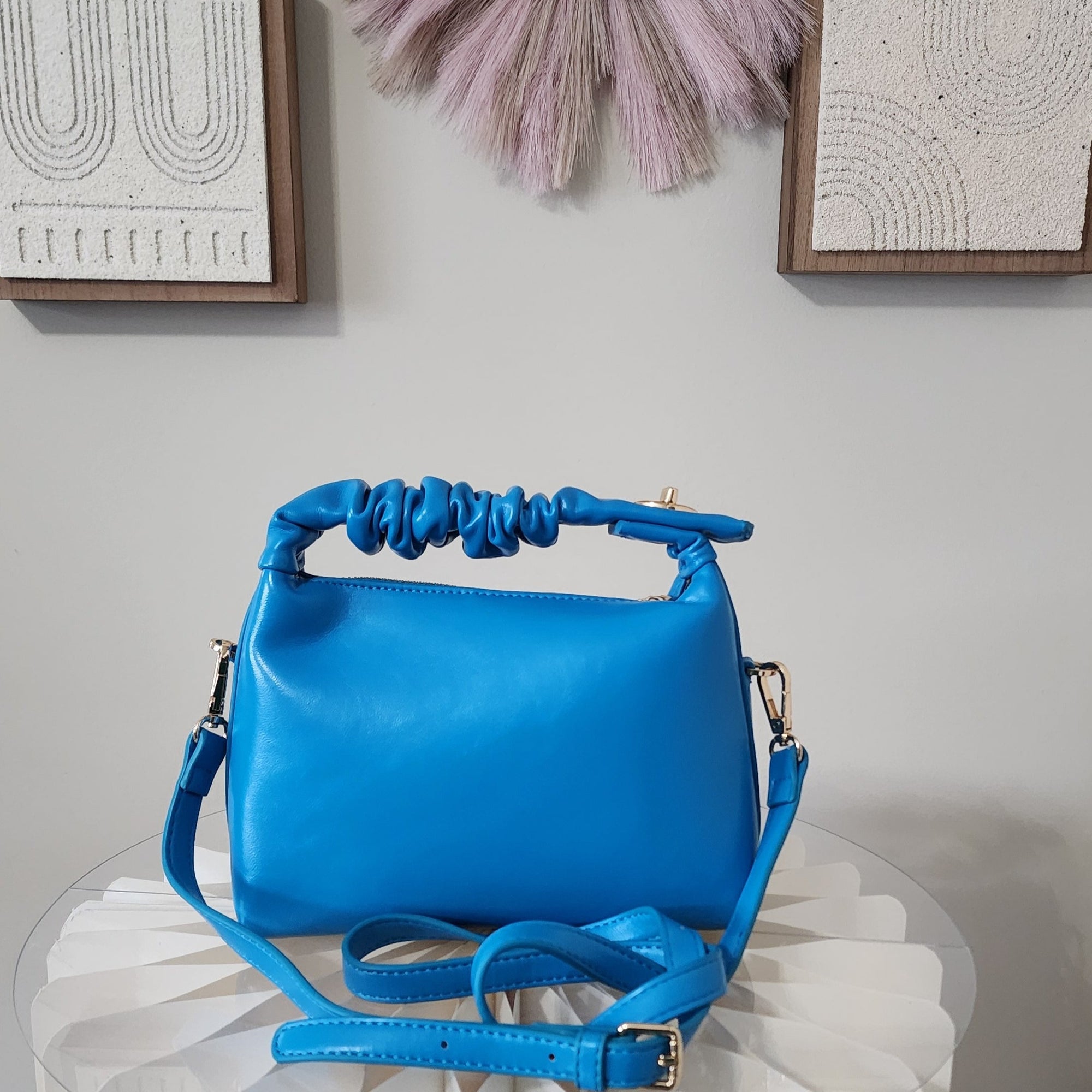 Blue Soft PU Leather Crossbody Ruched Bucket Bag