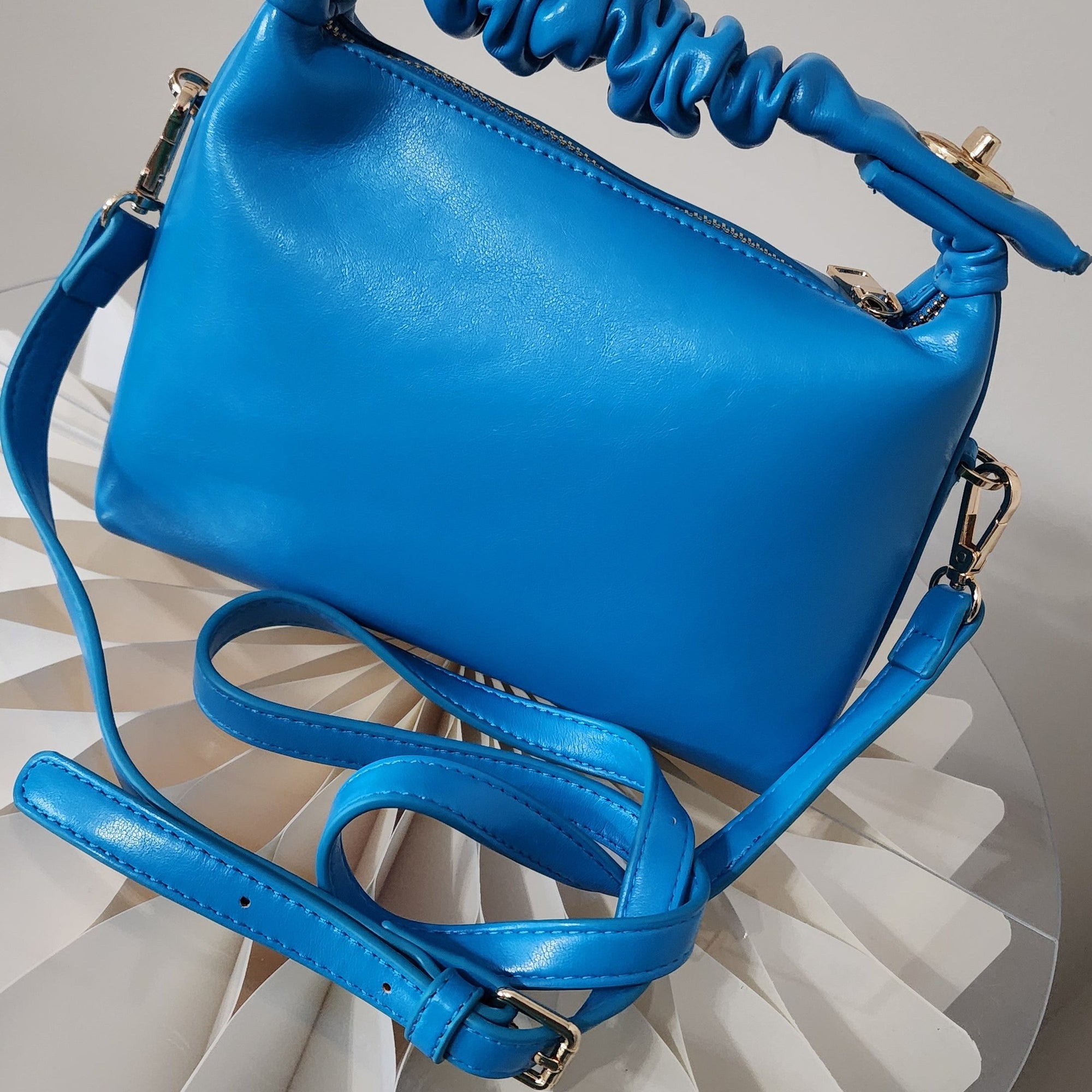 Blue Soft PU Leather Crossbody Ruched Bucket Bag