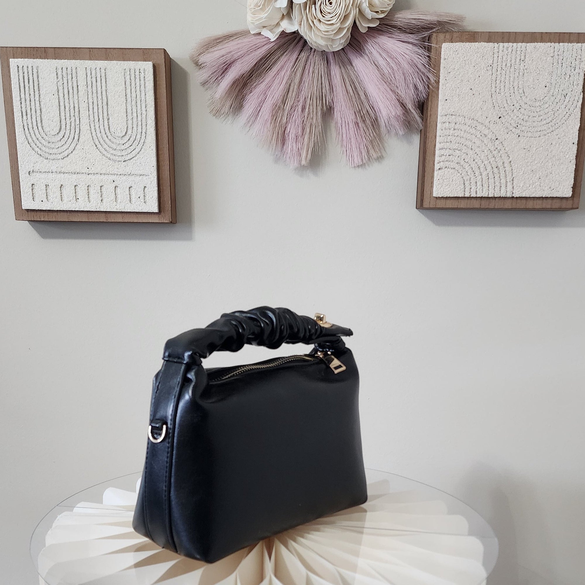 Black Soft PU Leather Crossbody Ruched Bucket Bag