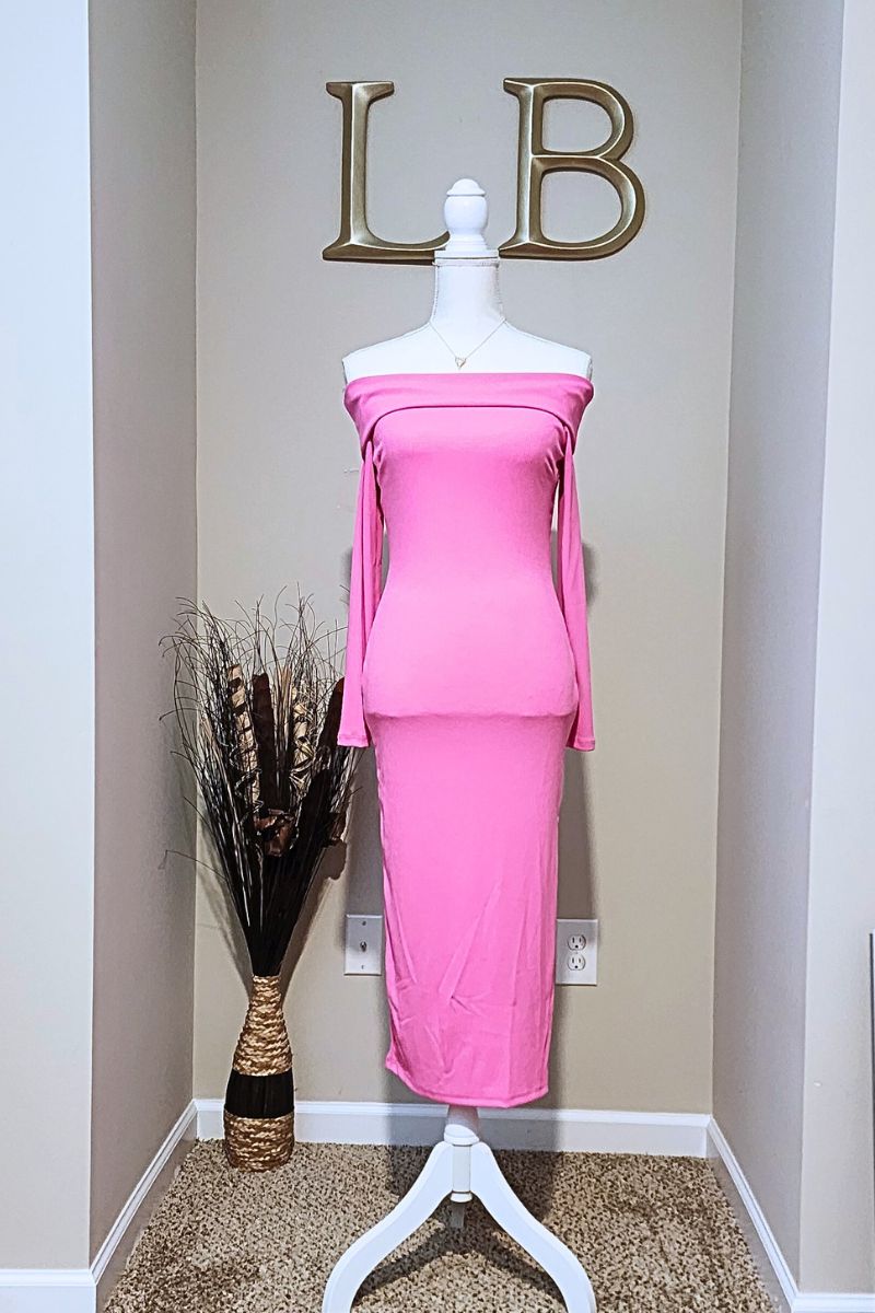 Reign Midi off-the-shoulder dress in ribbed jersey Pink