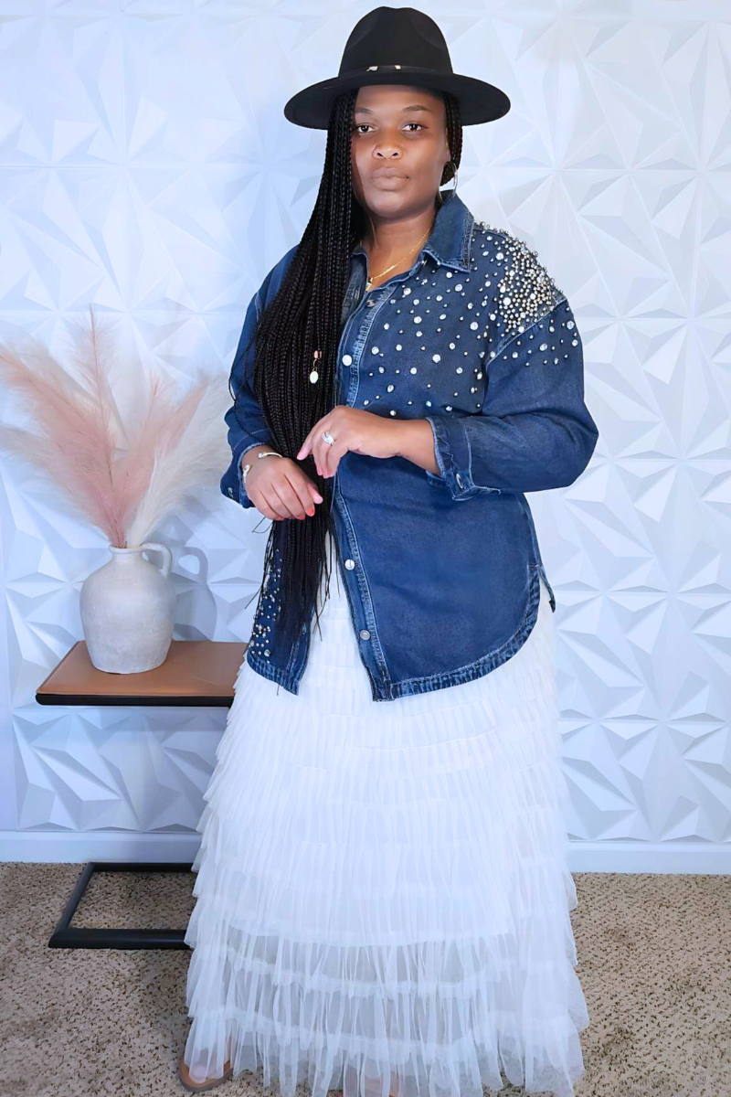 Pearl embellished denim shirt hot sale