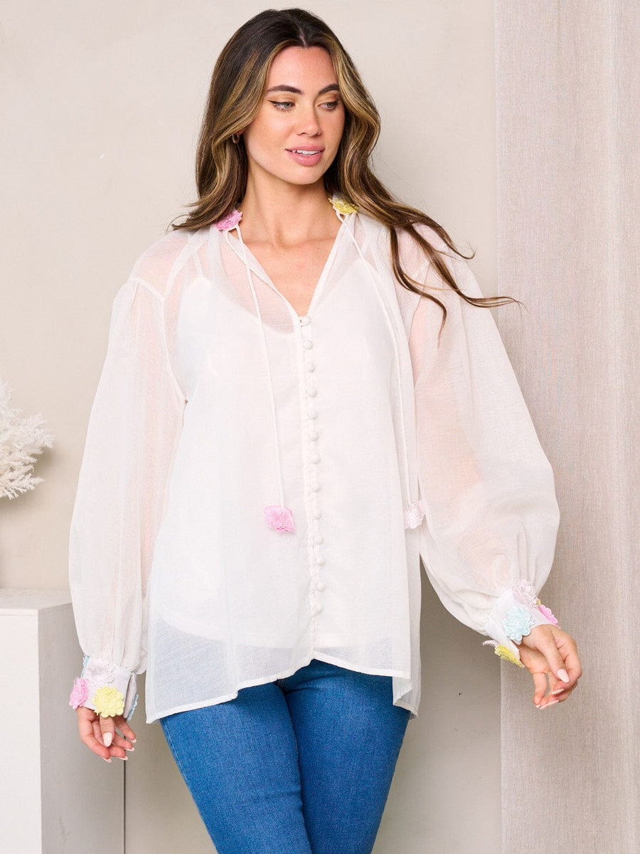 Spring Blouse, Long Sleeve Top, Flower Detailed Blouse, Sheer Overlay Top, Women&#39;s Fashion Top, Elegant Blouse, Floral Appliqué Shirt, Spring Wardrobe Essential, Chic Women&#39;s Clothing, Springtime Style