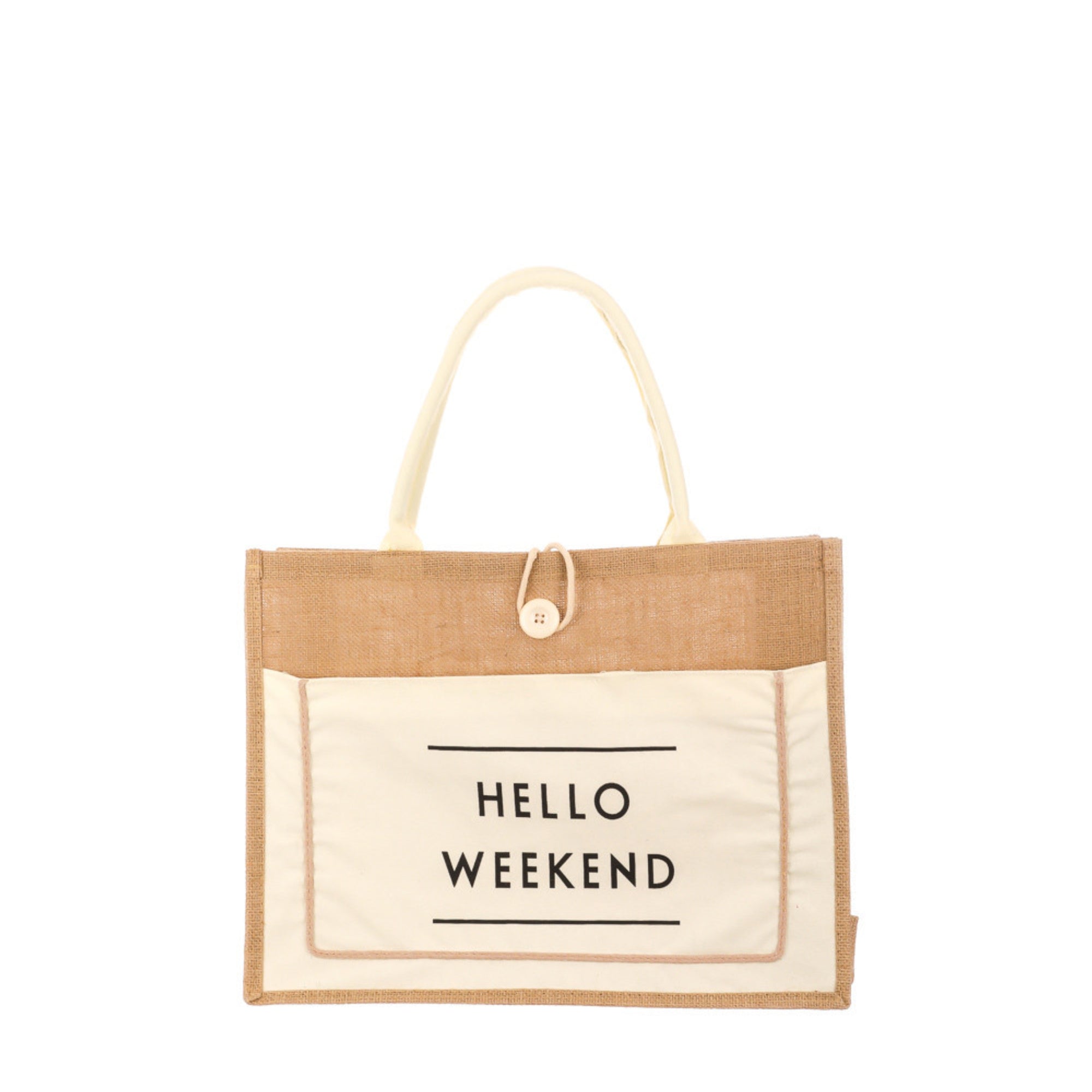 Burlap Hello Weekend Tote Bag.