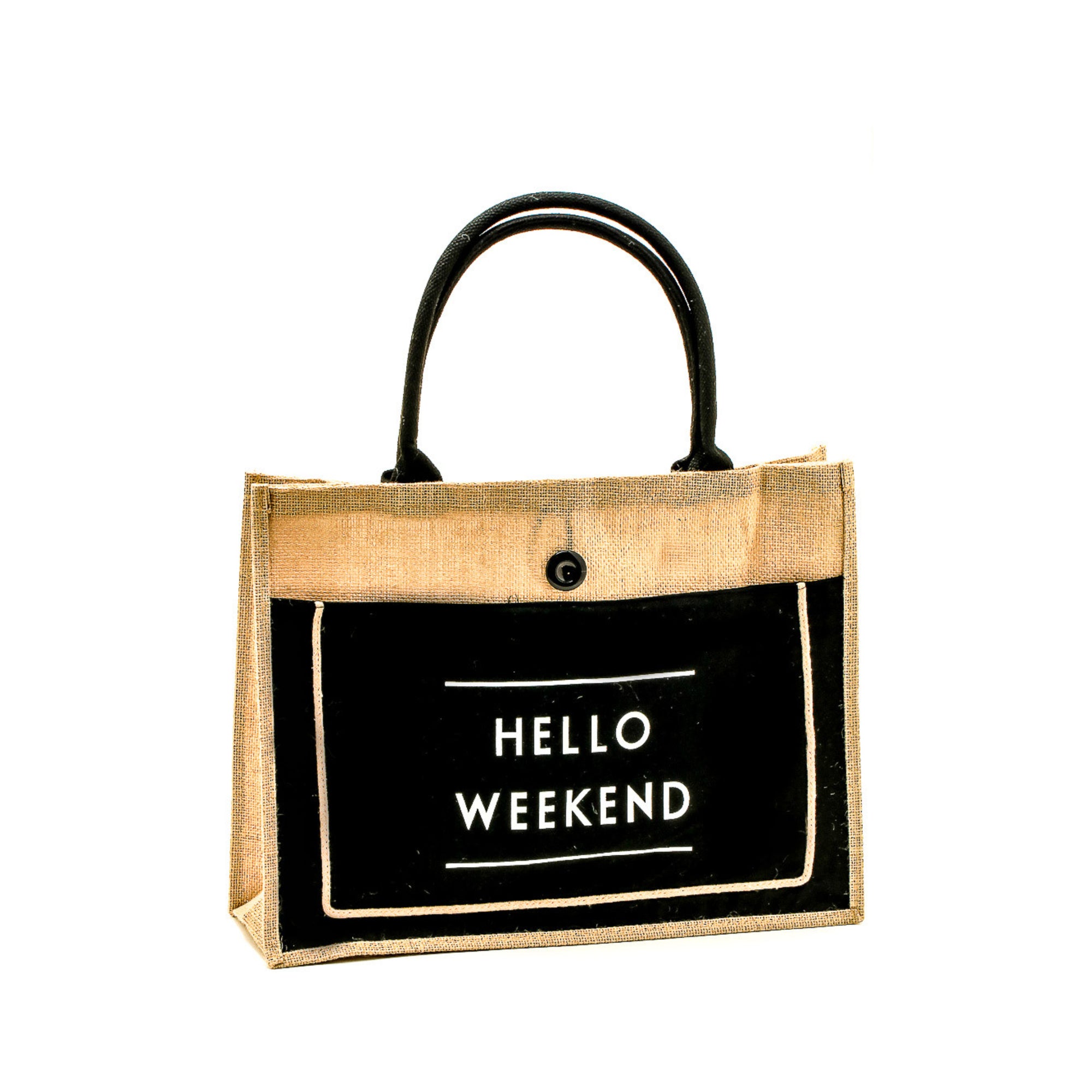 Burlap Hello Weekend Tote Bag.