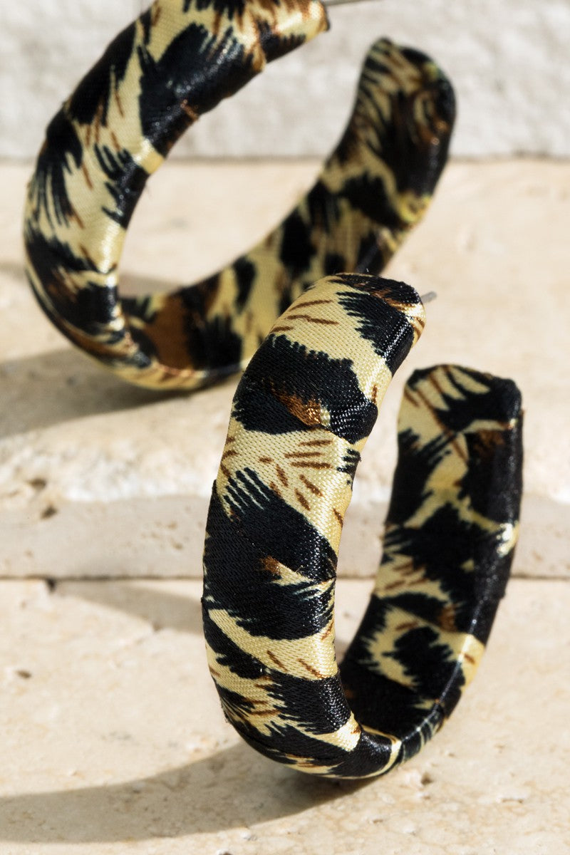 Leopard Print Silk Fabric Wrapped Hoop Earrings
